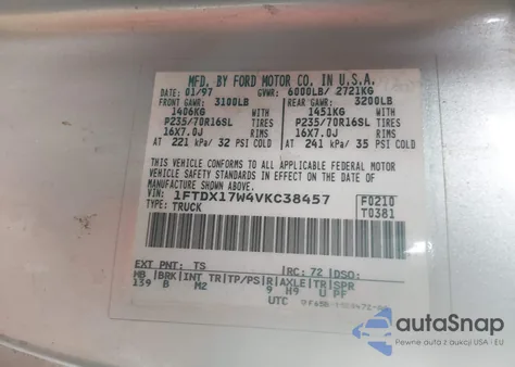 1997 Ford F-150 Lariat/Standard/Xl/Xlt z USA, uszkodzony, nr VIN 1FTDX17W4VKC38457